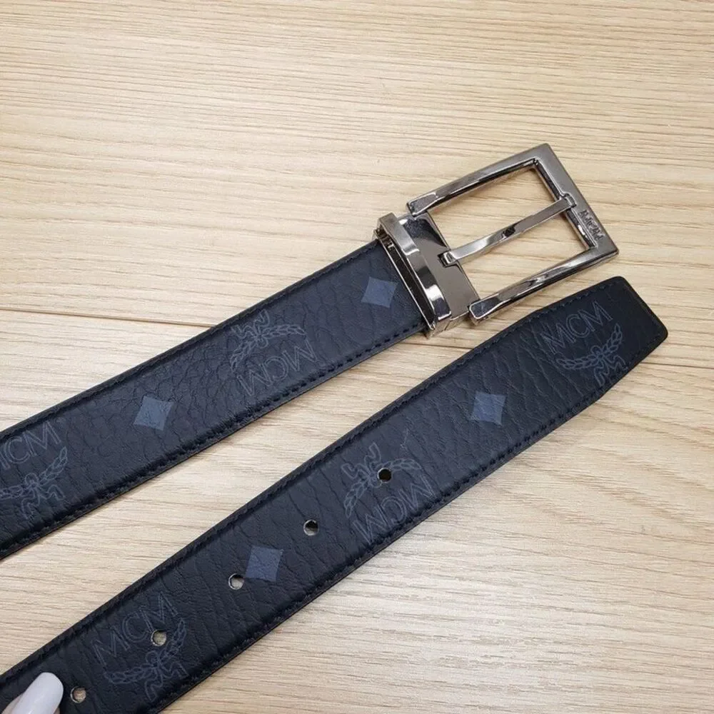 MCM Mens Belt Black Leather Adjustable All Sizes Logo Monogram AREN $350